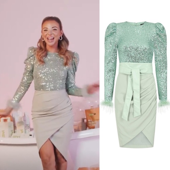 Lavish Alice Sequin Feather Embellished Midi Dress Sage Green - Picture 2 of 9